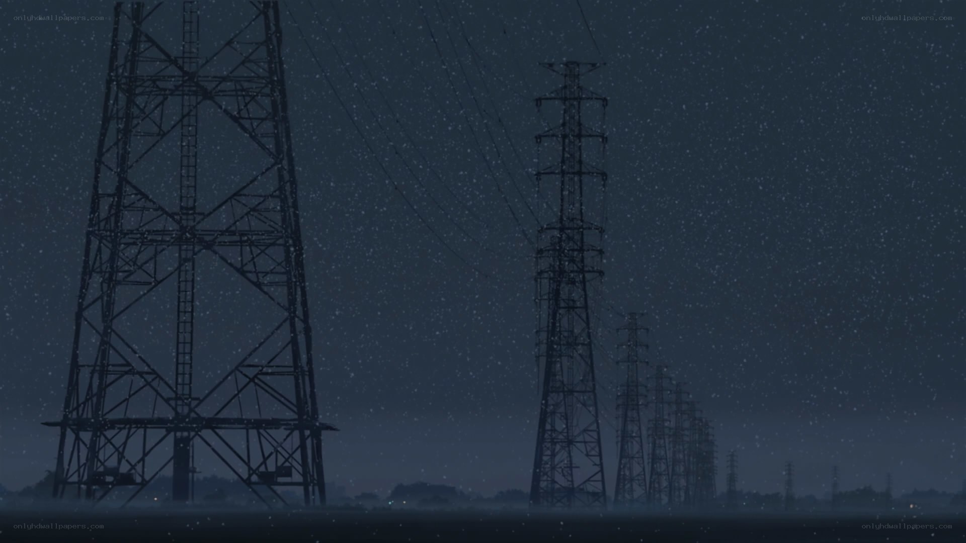 Power lines at night in snow