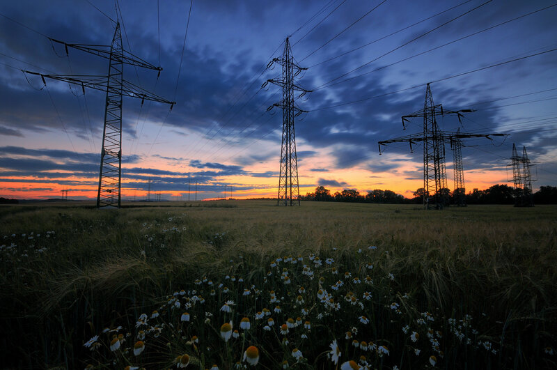 Power Lines in Field — Blue, Dramatic, Sunset