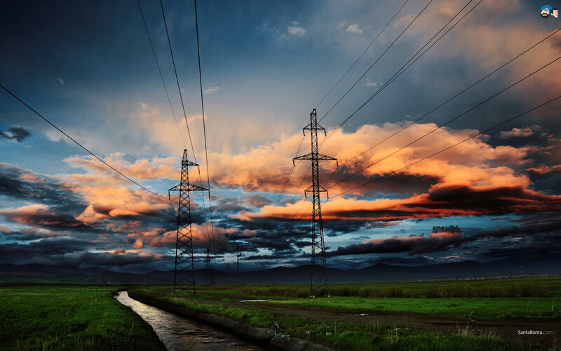 Power Lines in Field — Blue, Dramatic