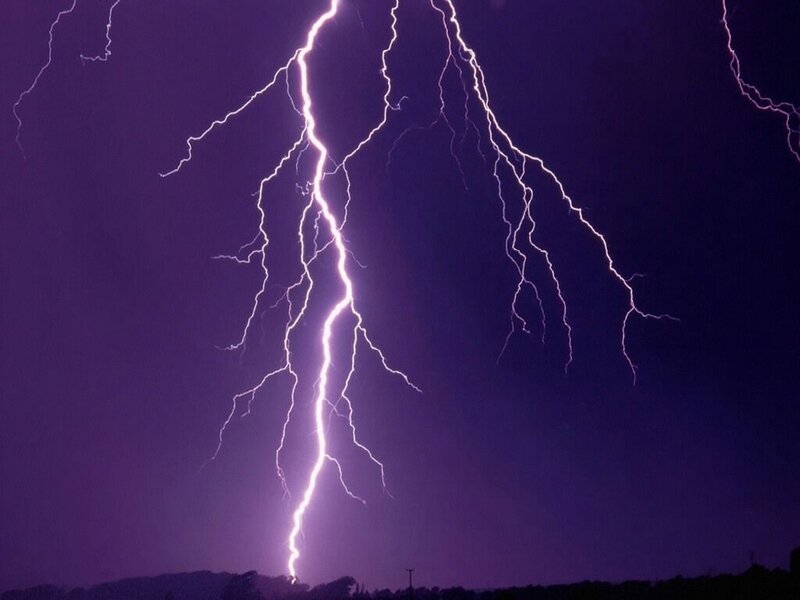 Powerful lightning strike at night