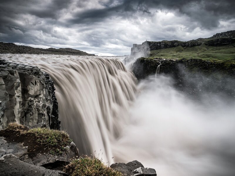 Powerful Waterfall — Gray, Dramatic, Photograph, Cliffs, Clouds, Mist