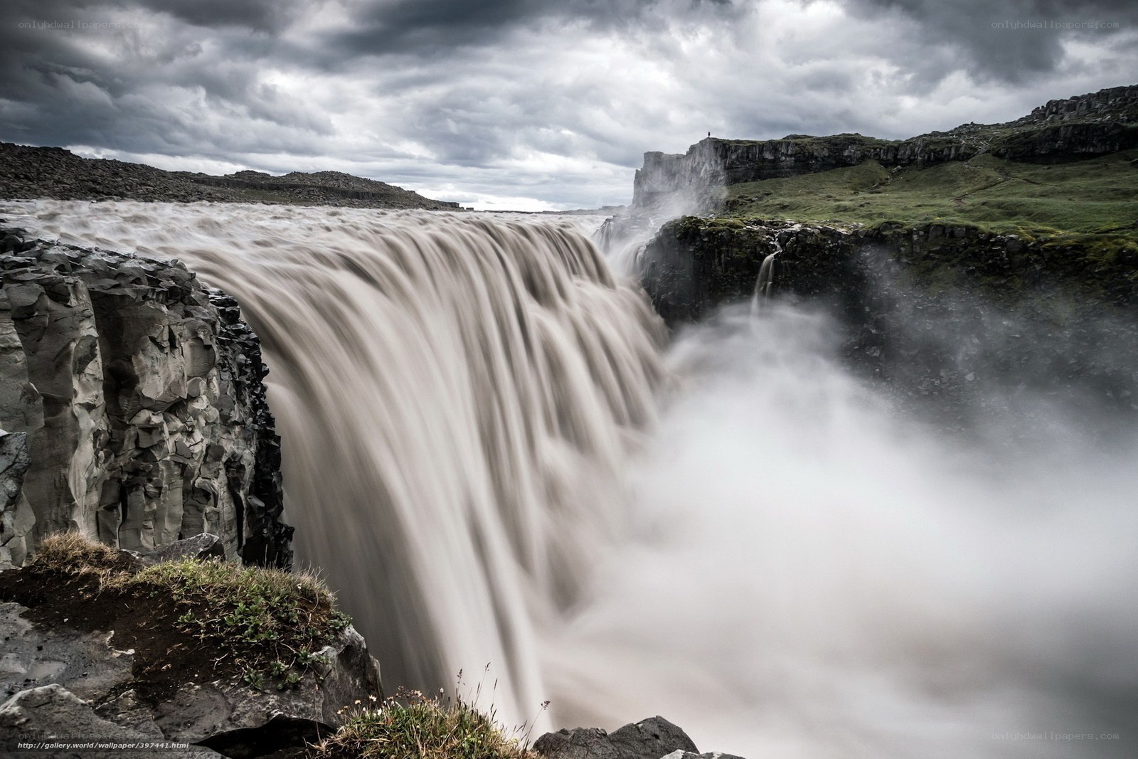 Powerful waterfall under stormy sky