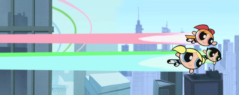 Powerpuff Girls flying over city