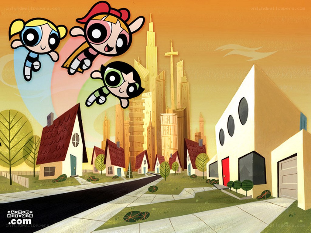 Powerpuff Girls flying over town