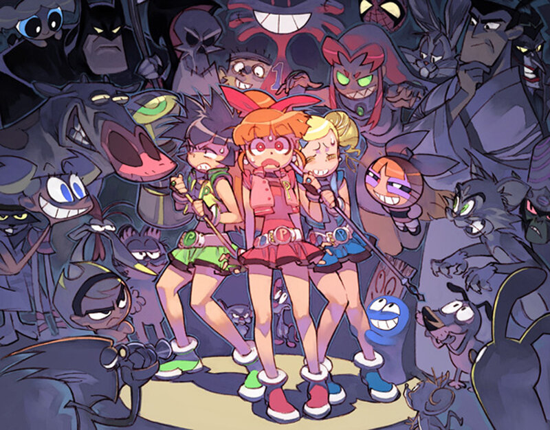 Powerpuff Girls surrounded by villains