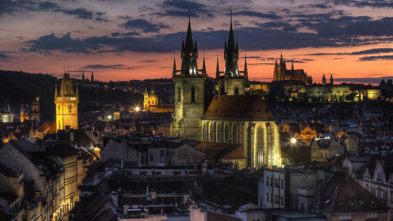 Prague at dusk with castle