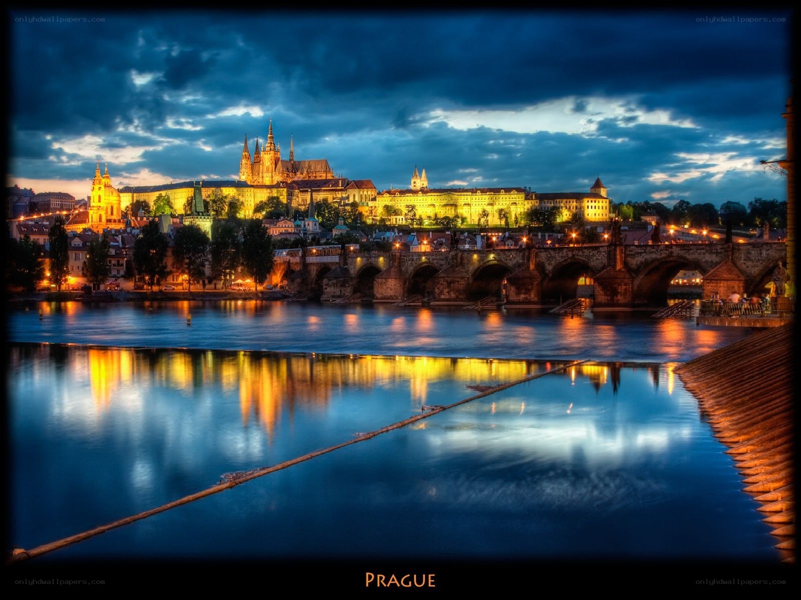 Prague at dusk with castle