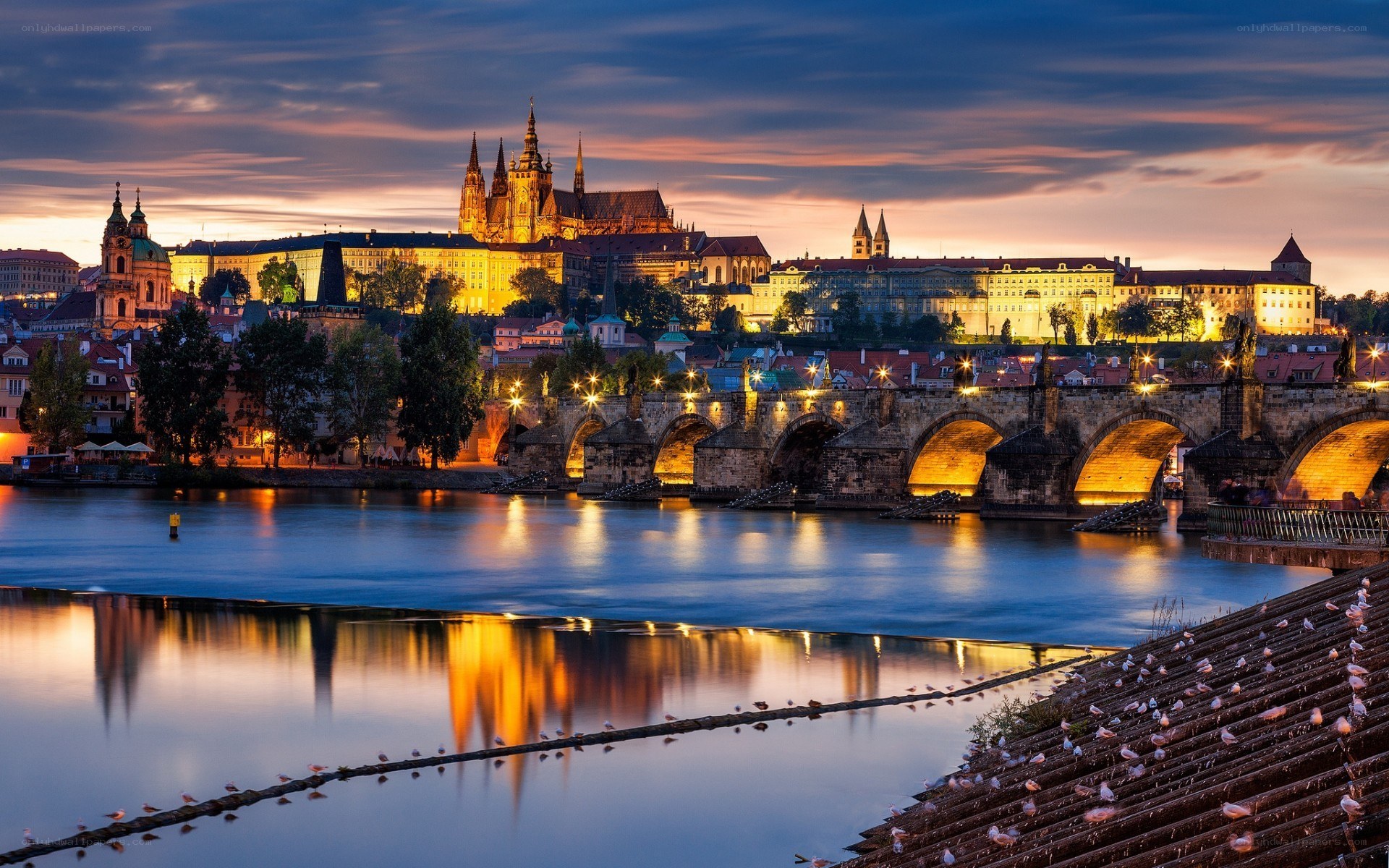 Prague at dusk with Charles Bridge