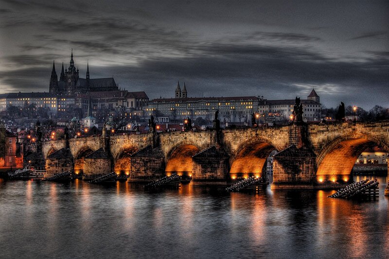 Prague at dusk with Charles Bridge