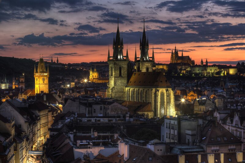 Prague at dusk with church spires