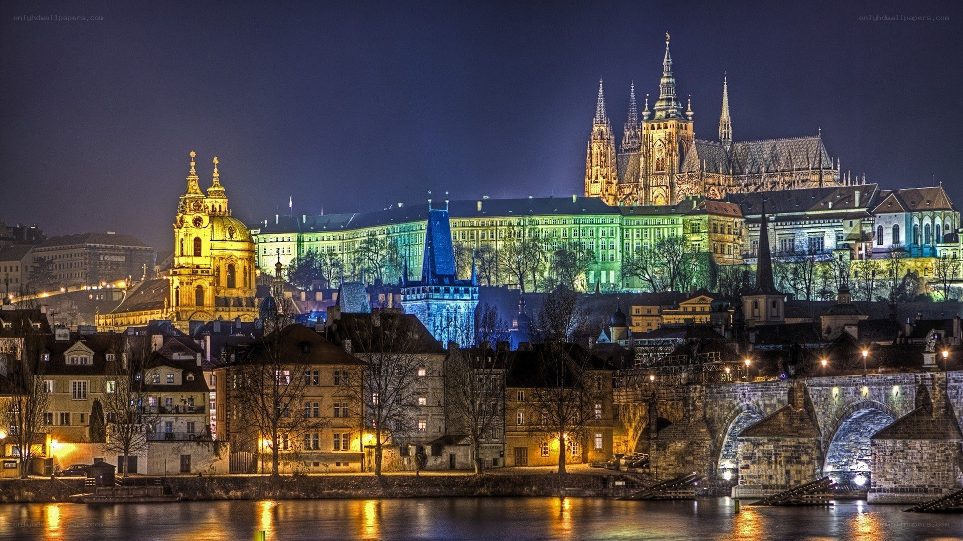 Prague at night with castle