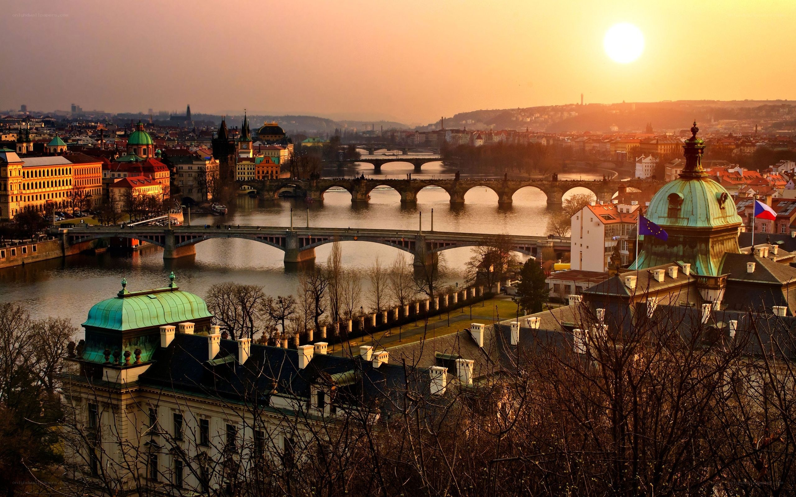 Prague at sunset with bridges