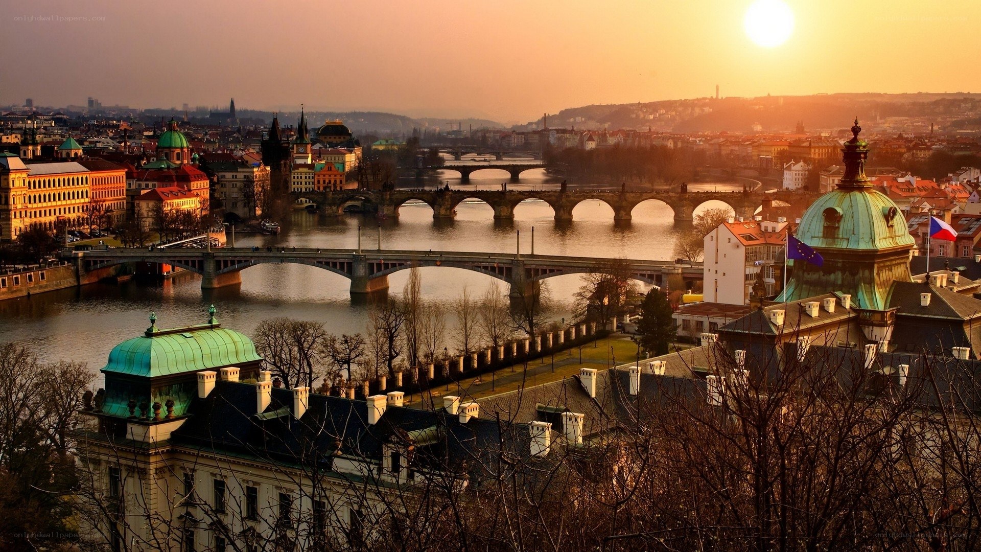 Prague at sunset with bridges
