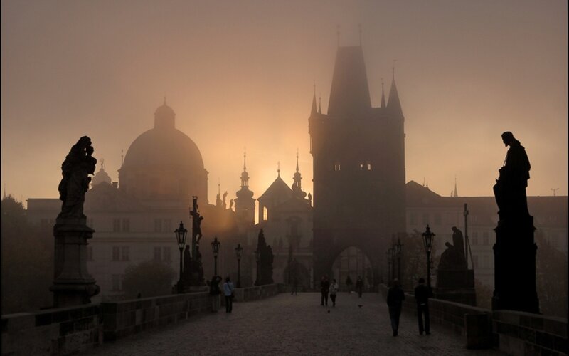 Prague bridge at sunrise
