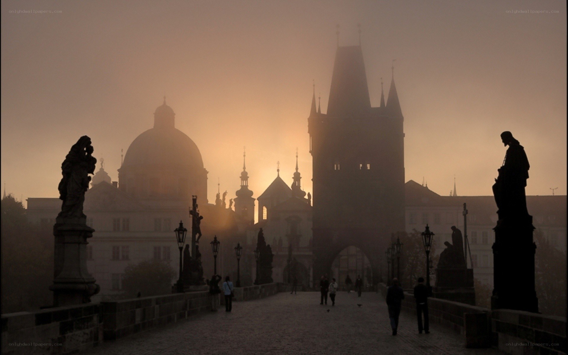 Prague bridge at sunrise