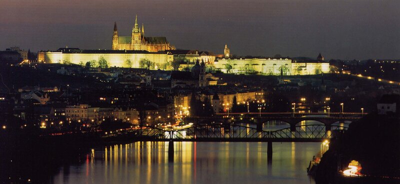 Prague Castle at Night — Black, Serene, Photograph, River, Bridge, City Lights
