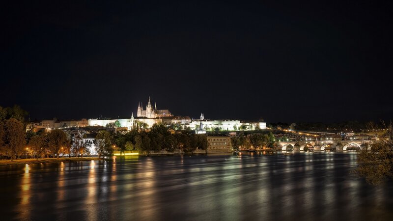 Prague Castle at Night — Black, Serene, Photograph, River