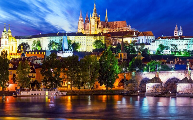 Prague Castle at Night — Blue, Dramatic, Photograph, Charles Bridge