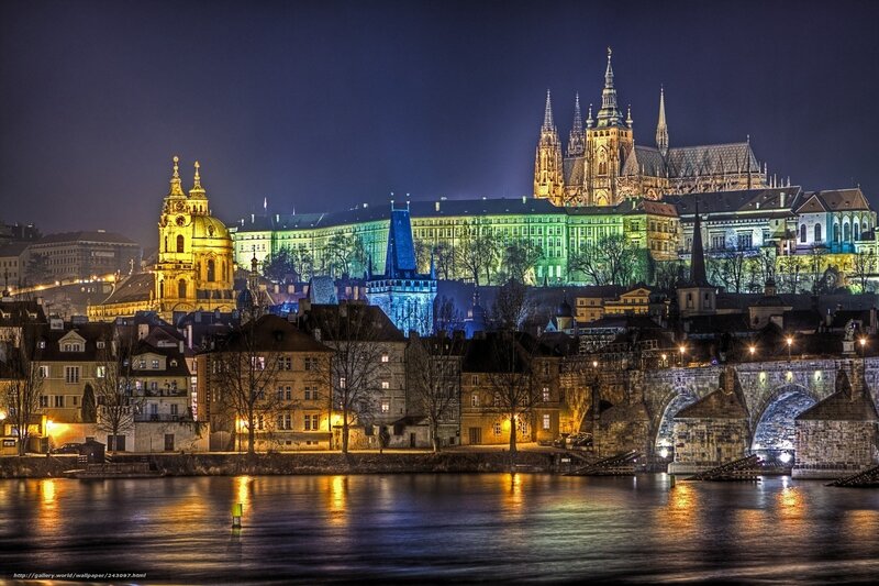 Prague Castle at Night — Blue, Dramatic, Photograph, River, Bridge