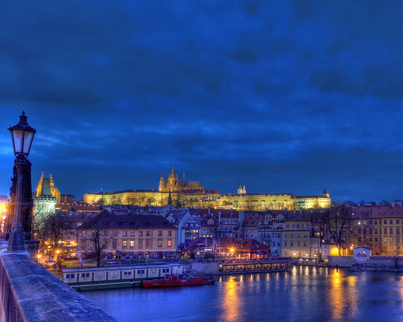 Prague Castle at Night — Blue, Dramatic, Photograph, River