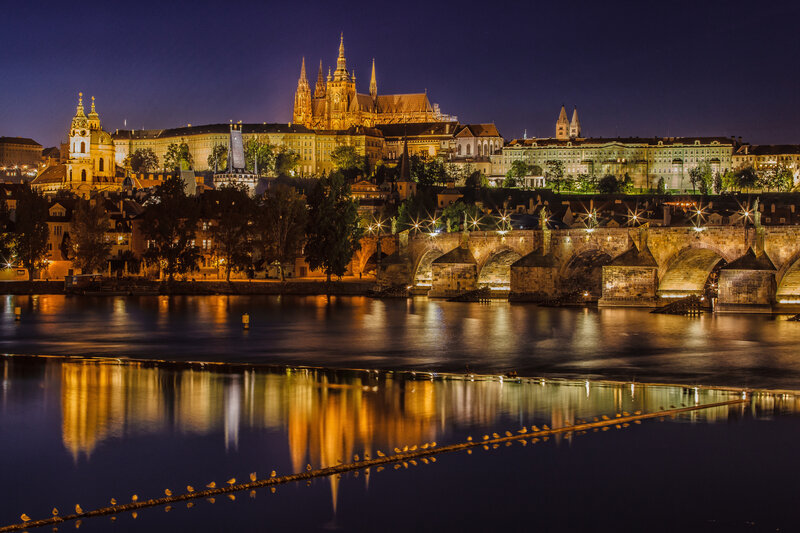 Prague Castle at Night — Blue, Serene, Photograph, Charles Bridge, Vltava River