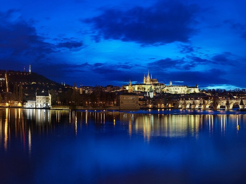 Prague Castle at Night — Blue, Serene, Photograph, River
