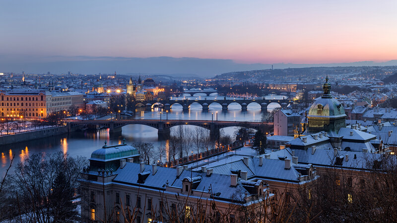 Prague Cityscape at Dusk — Blue, Serene