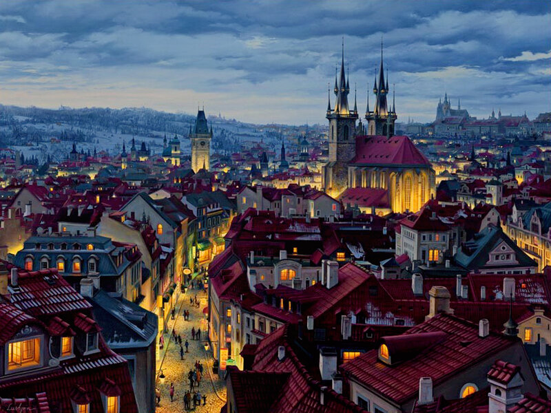 Prague Cityscape at Dusk — Red