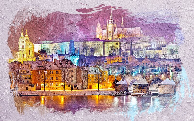 Prague Cityscape at Night — Purple