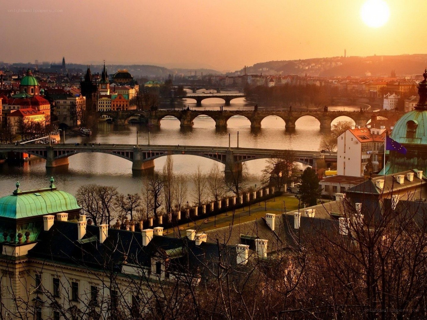 Prague cityscape at sunset
