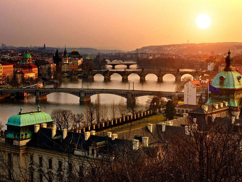 Prague Cityscape at Sunset — Orange, Serene, Photograph, River