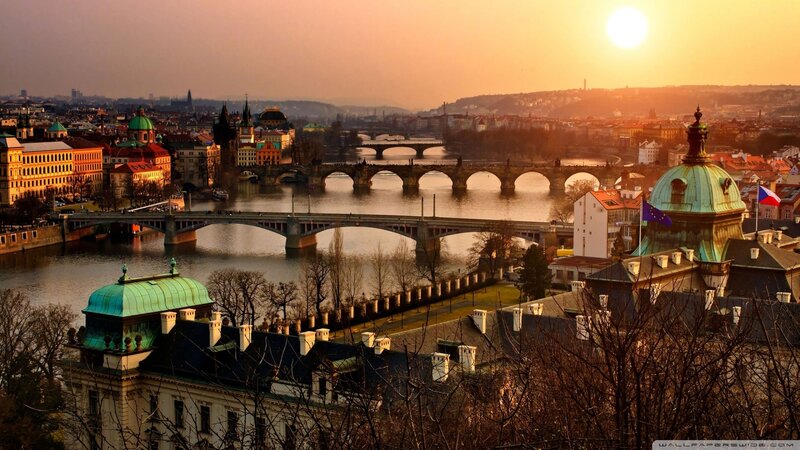 Prague Cityscape at Sunset — Orange, Serene, Photograph
