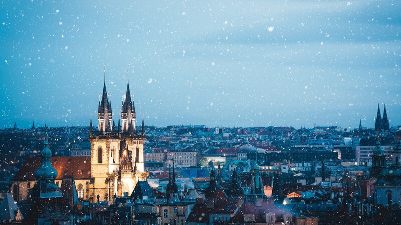 Prague Cityscape in Snow