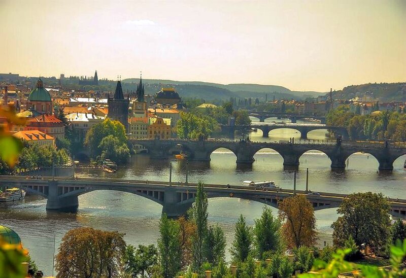 Prague Cityscape with Bridges — Green