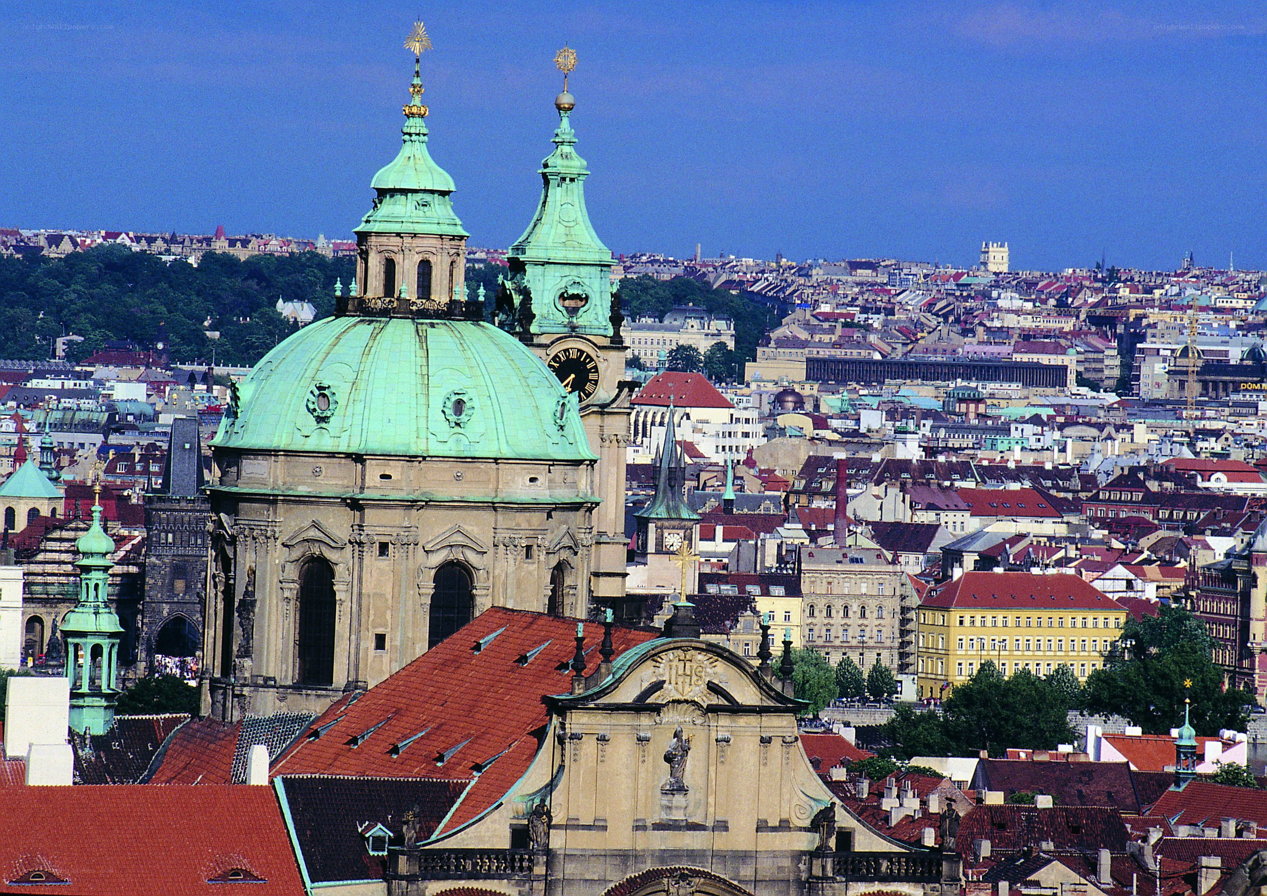 Prague cityscape with green domes