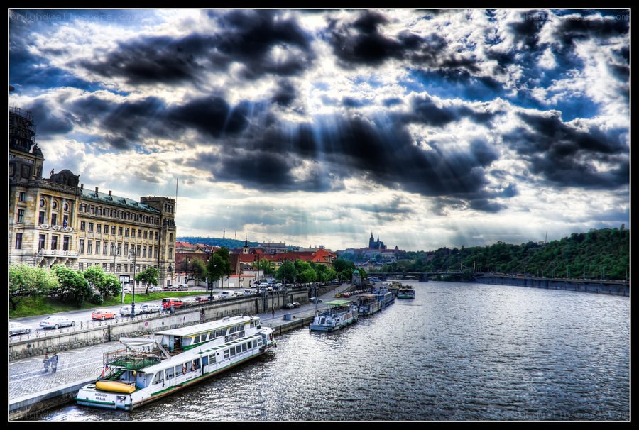Prague river scene with boats