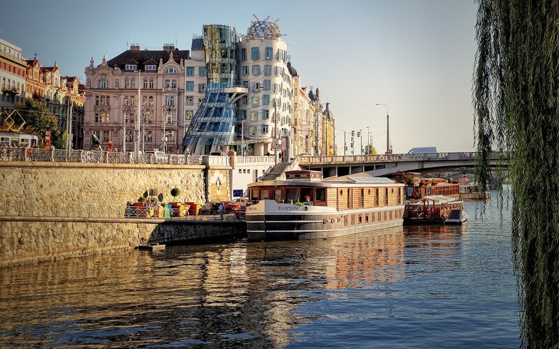 Prague river scene with dancing building