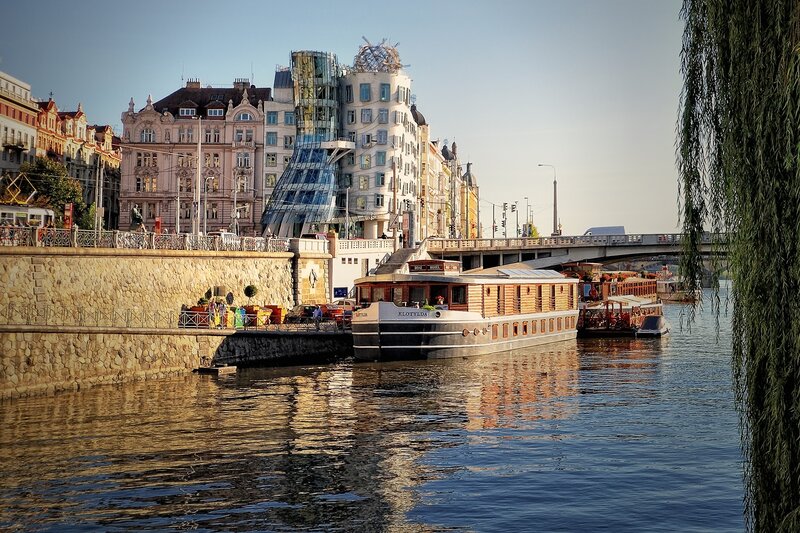 Prague river scene with dancing building