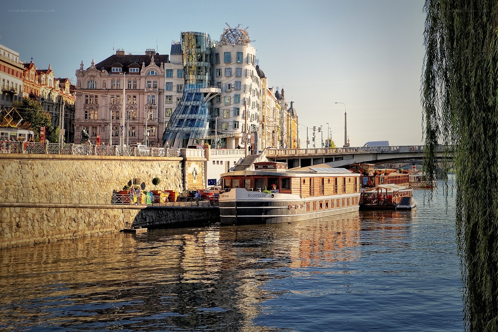 Prague river scene with dancing building