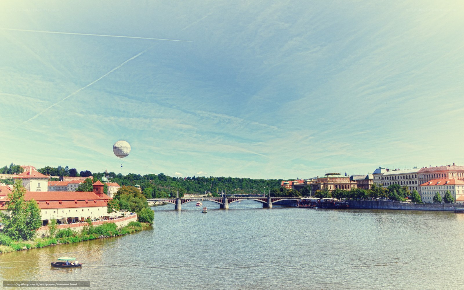 Prague river view with hot air balloon