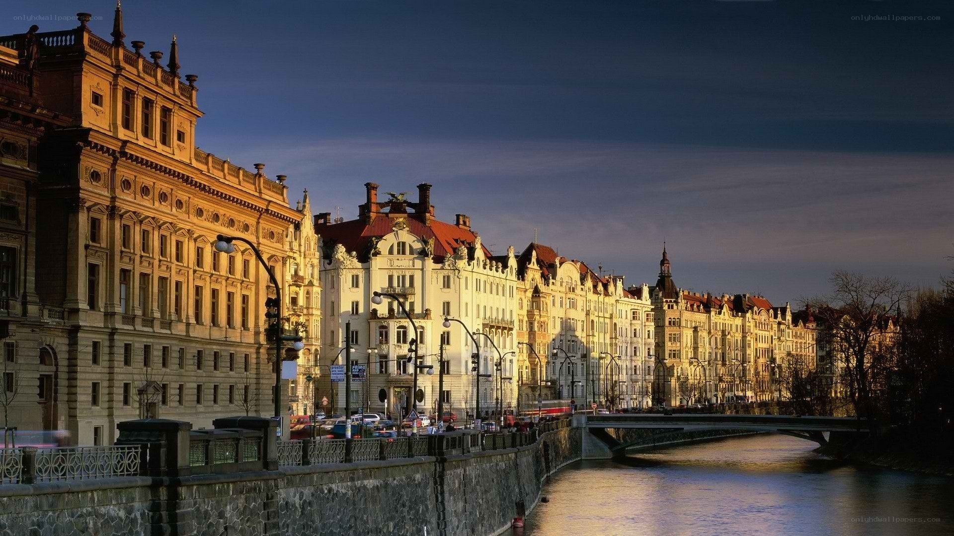 Prague riverfront at dusk
