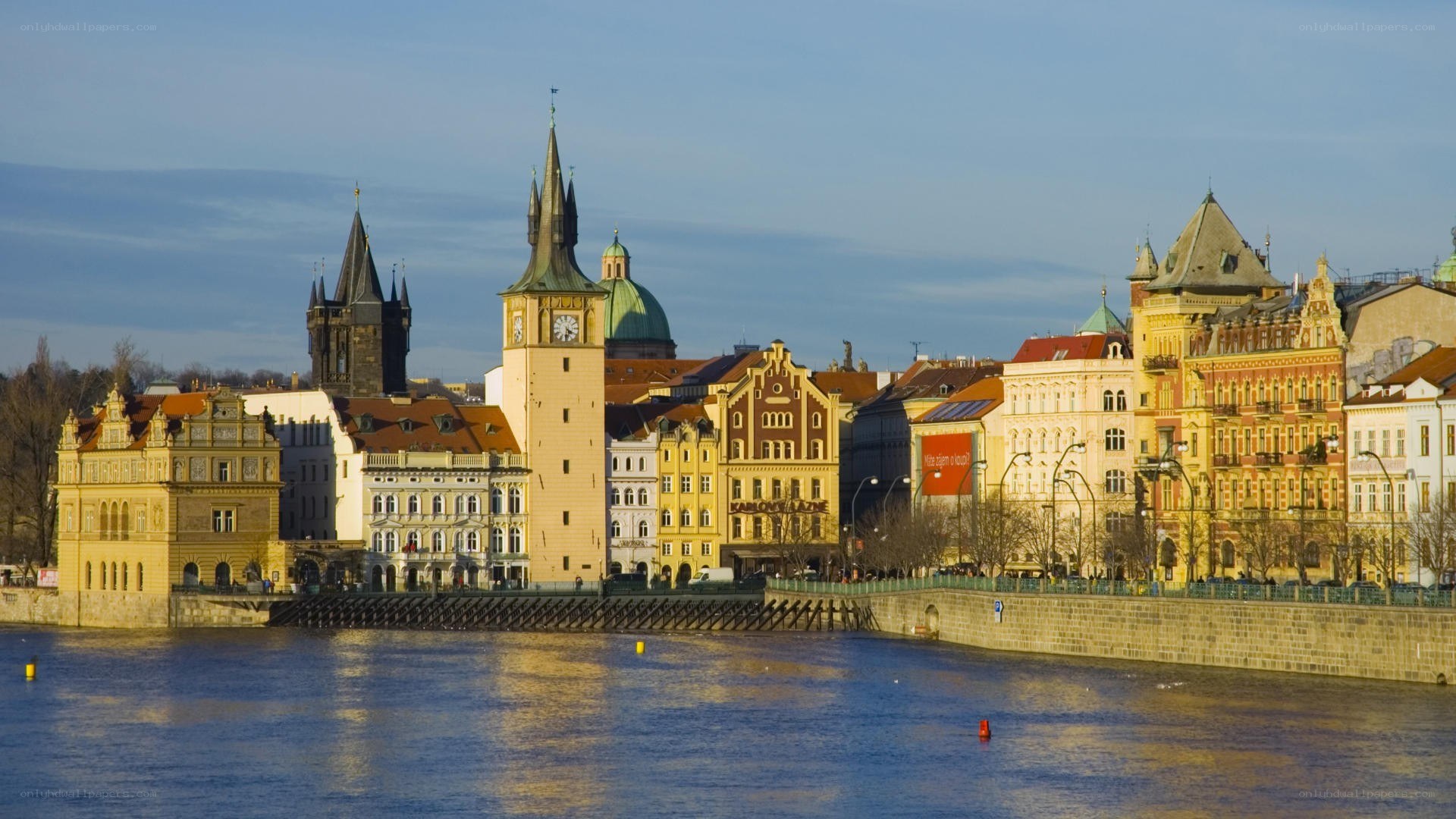 Prague riverfront at sunset