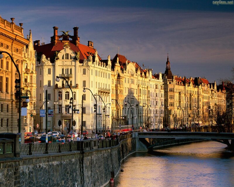 Prague riverfront at sunset