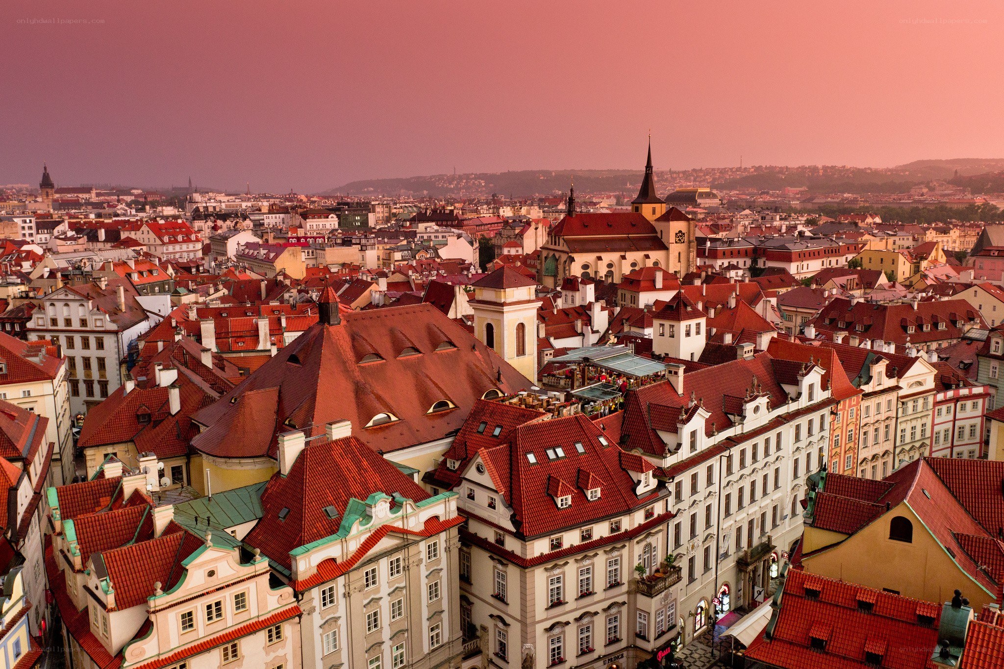 Prague rooftops at sunset