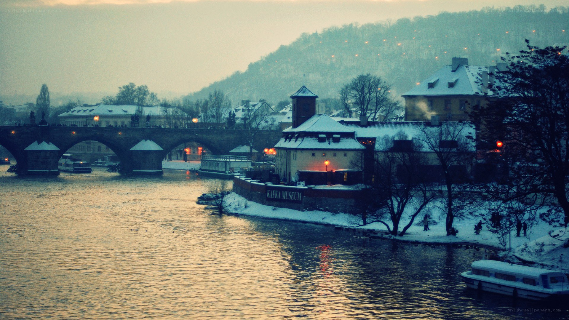 Prague winter river scene