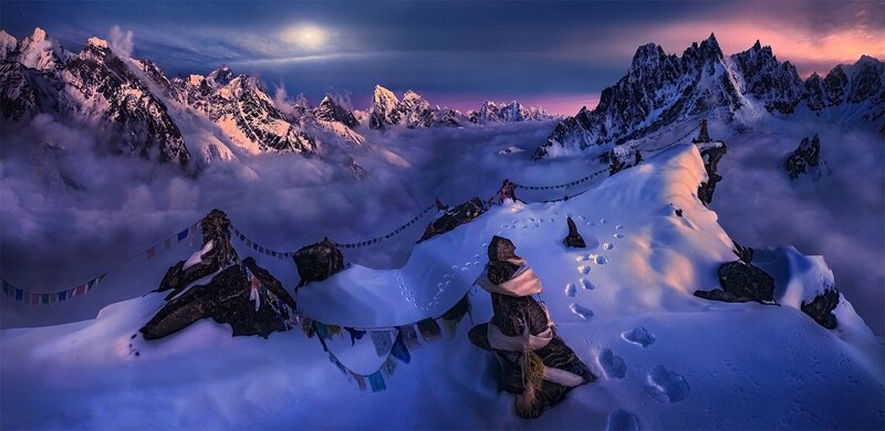 Prayer Flags on Mountain — Blue, Serene