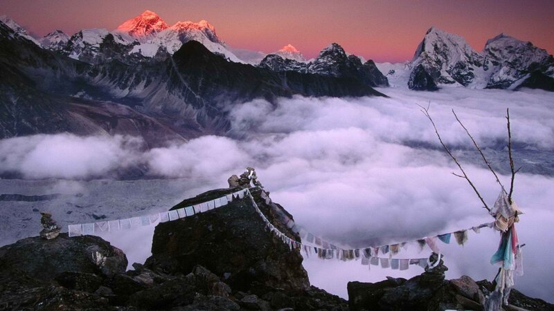 Prayer Flags on Mountain — Purple
