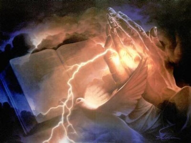 Praying hands with lightning