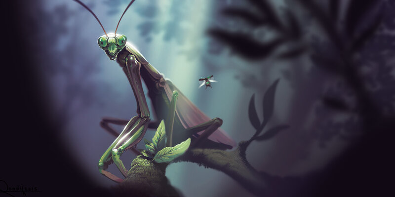 Praying Mantis on Branch — Green, Dramatic