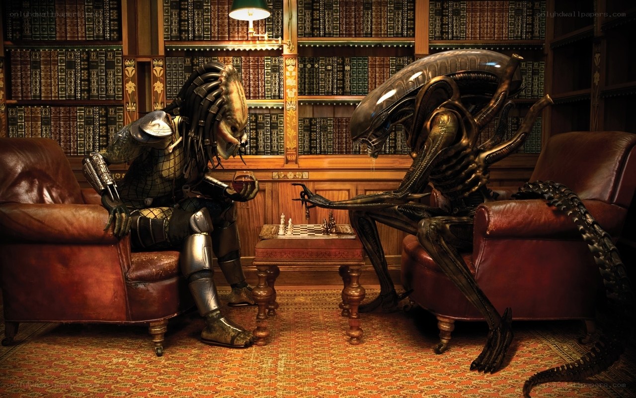 Predator and Alien playing chess